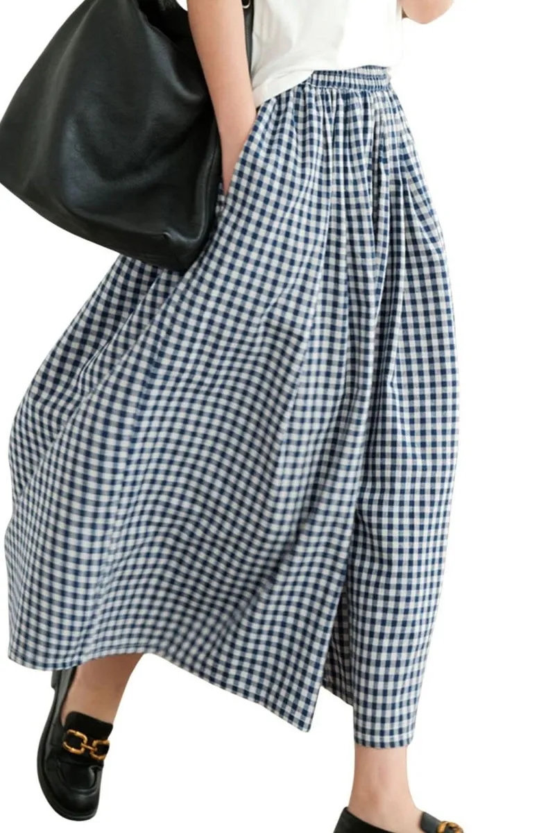 Chouyatou Women's Cotton Linen Pants Elastic Waist Plaid Gingham Wide Leg Capri Palazzo Pants